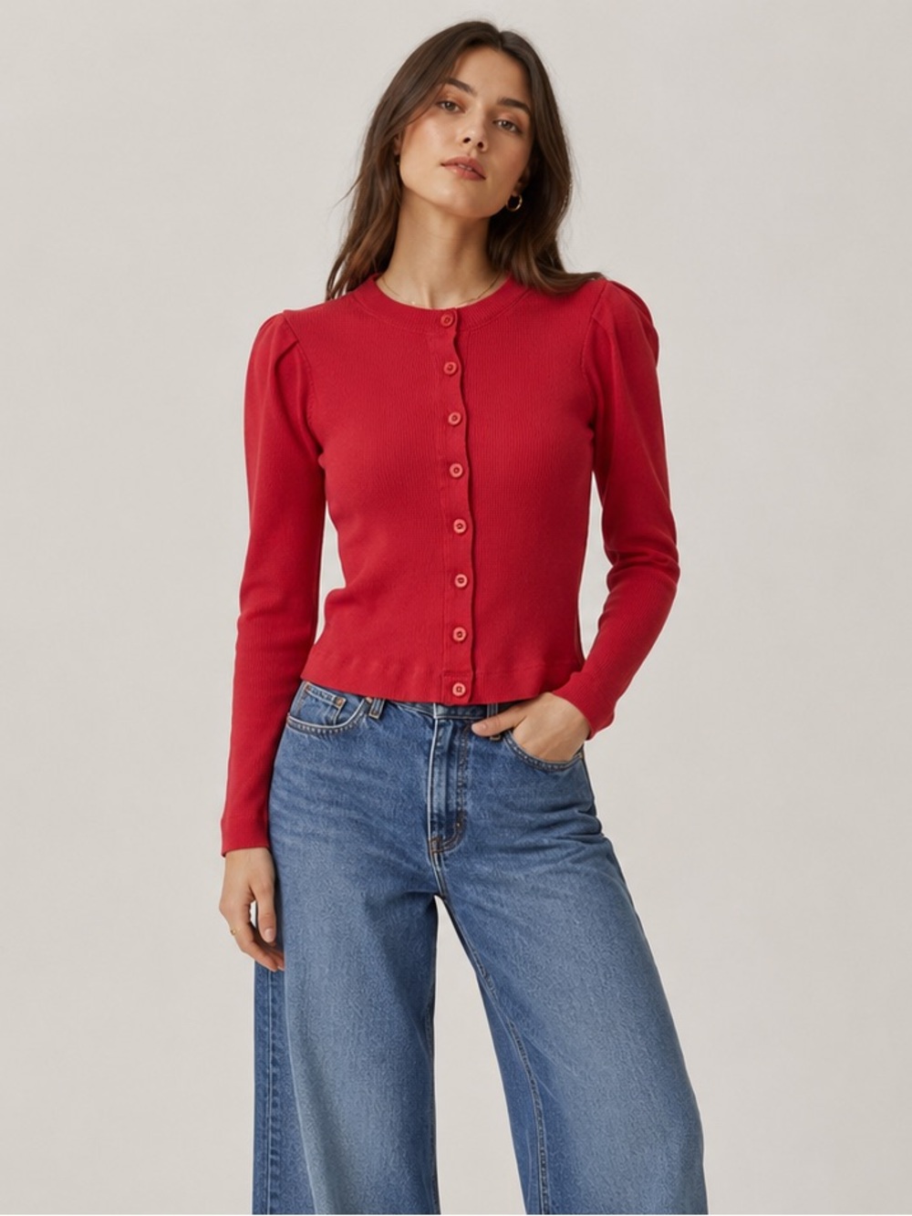 AMO Puff Sleeve Ribbed Cardigan Sweater XS Red Minimal Clean Girl Fall City Chic